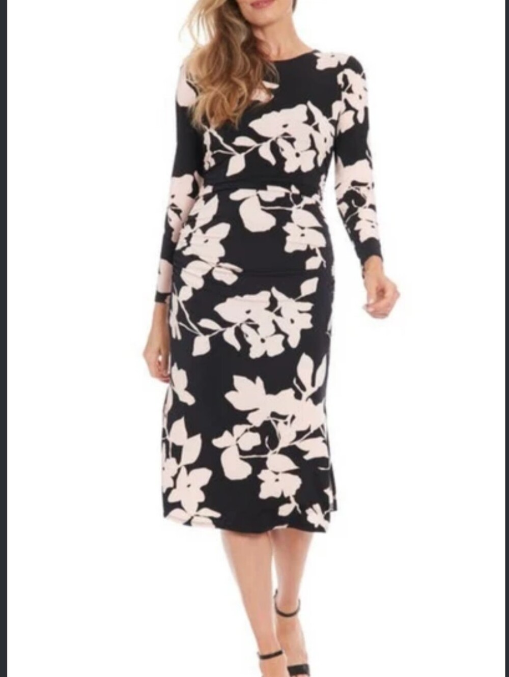 London Time Black White Floral Leaf Print midi Sheath Dress Size 10 3/4 sleeves